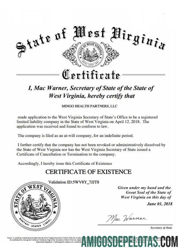 USA West Virginia Certificate Of Good Standing amostra